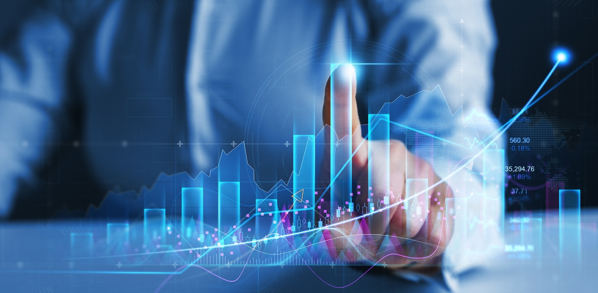 mans finger touching a blue transparent bar graph
