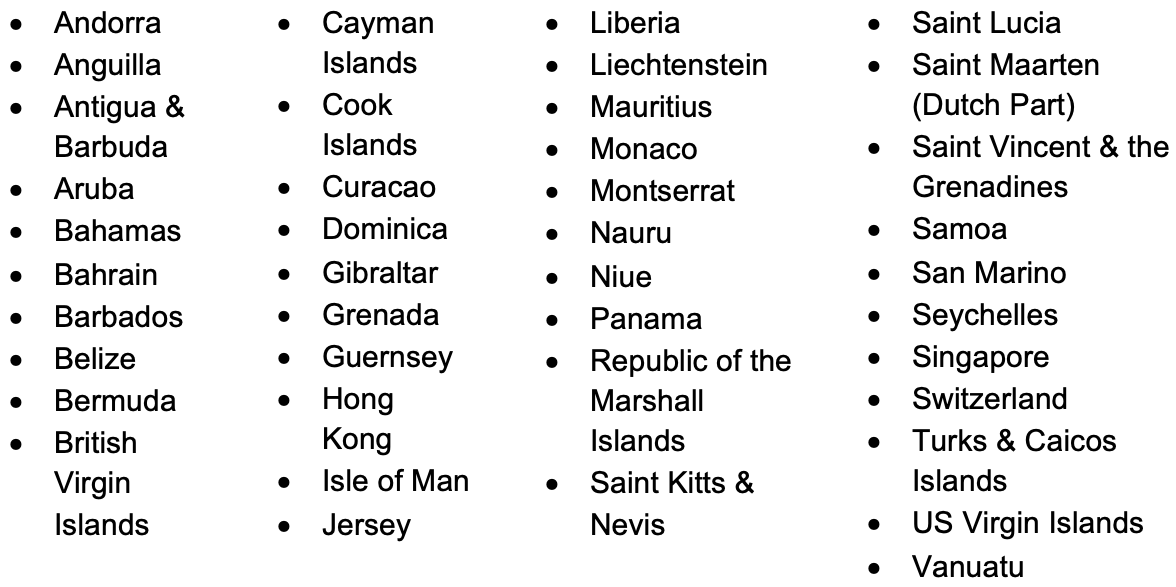 List of companies jurisdictions are relevant to